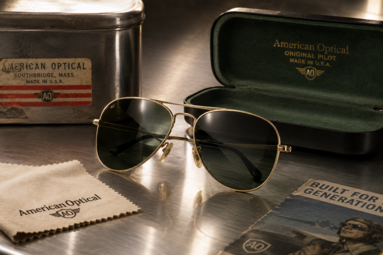 Gafas de sol American Optical estilo aviador sobre una superficie elegante con estética clásica y premium.