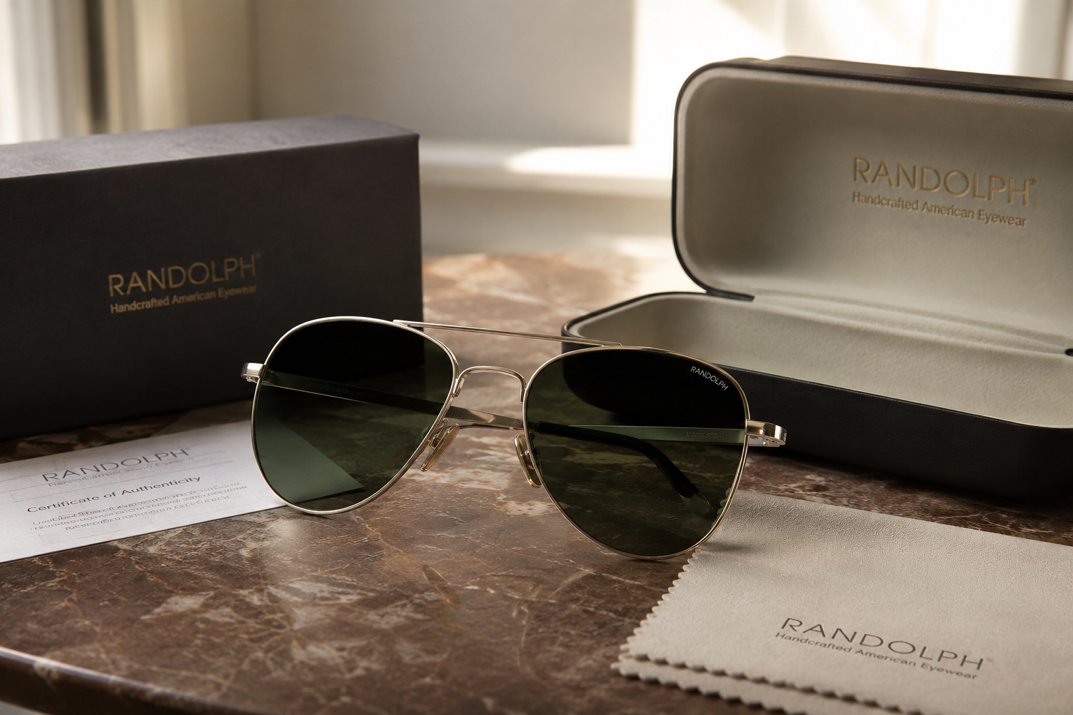 Gafas de sol Randolph originales junto a su estuche, paño de limpieza y certificado de autenticidad en una composición premium.