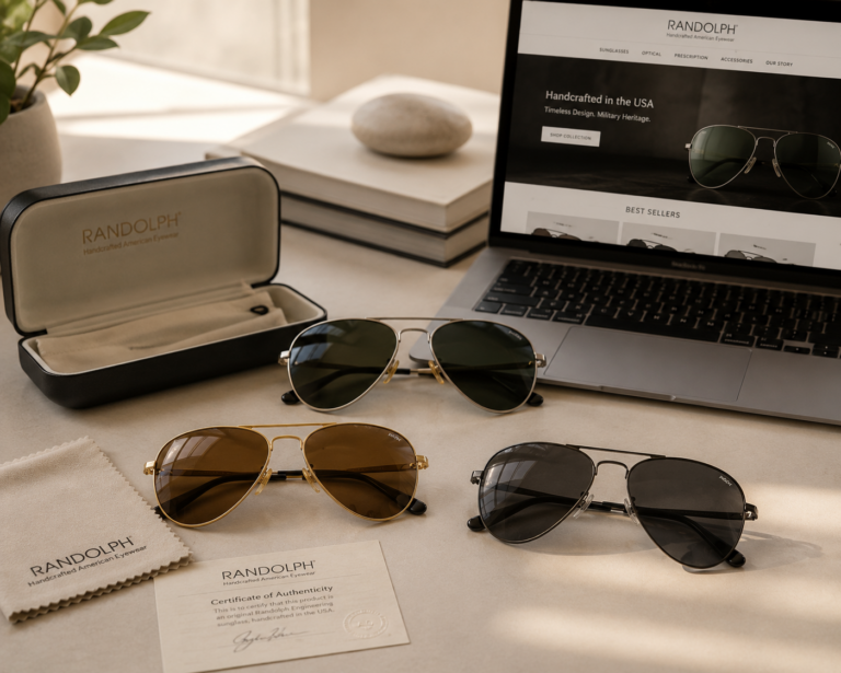 Gafas de sol premium junto a un ordenador portátil y certificado de autenticidad para representar una compra online segura.