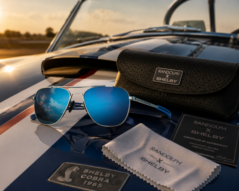 Gafas de sol Randolph x Shelby sobre un coche deportivo clásico con estética racing premium y detalles de edición especial.