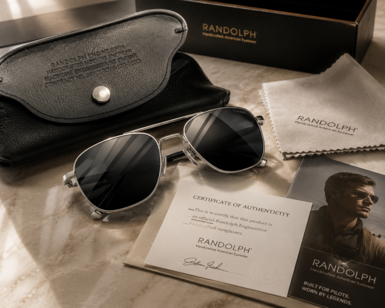 Gafas de sol premium acompañadas de certificado de autenticidad, estuche y documentación oficial sobre una mesa elegante.