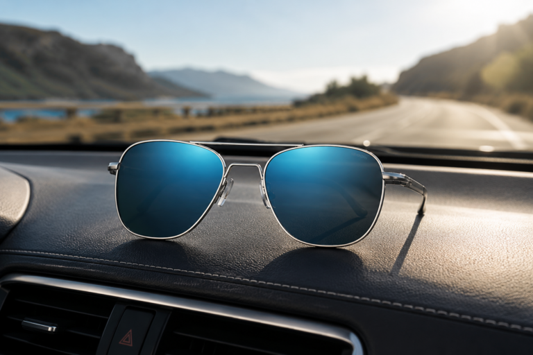 Gafas de sol polarizadas sobre el salpicadero de un coche con una carretera soleada al fondo.